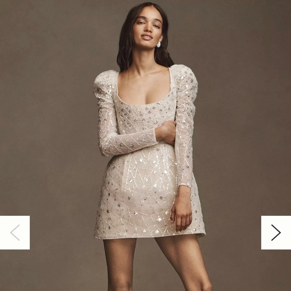 Watters Sparkler Puff-Sleeve
Scoop-Neck Sequin Embroidered
Mini Dress